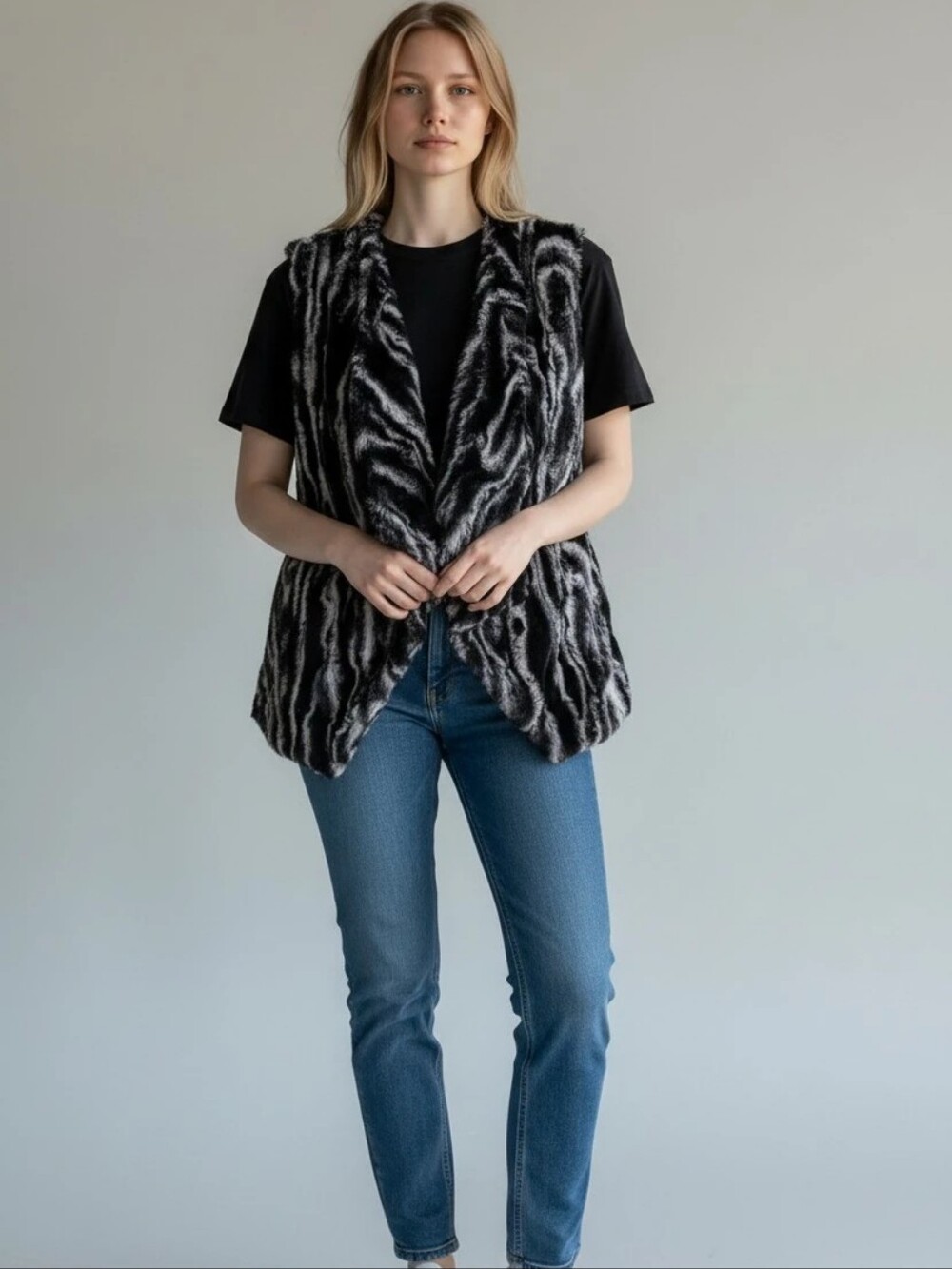 WD.NY Faux Fur Zebra-Print Vest - Black and White  Size Small